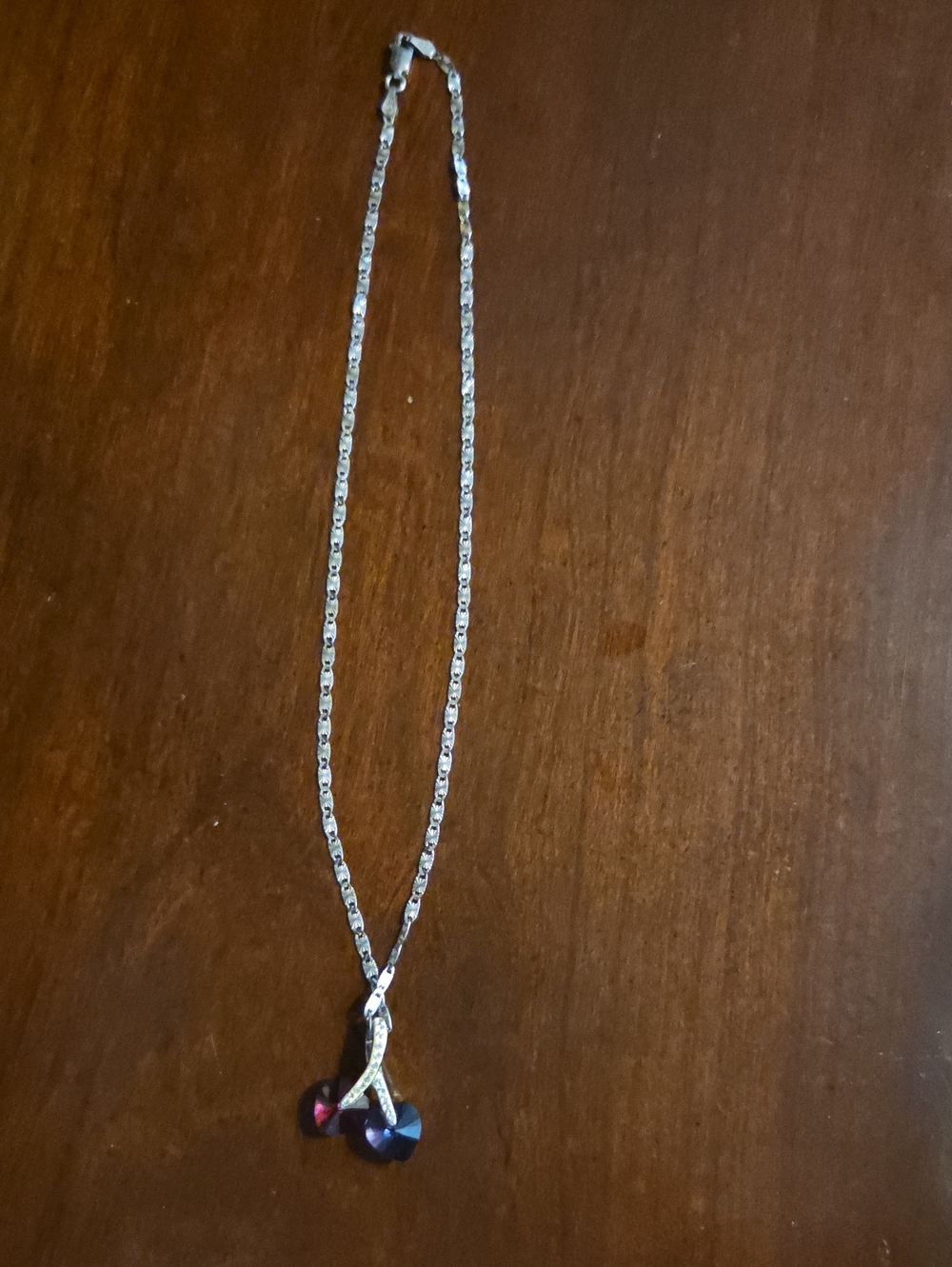 Silver Necklace with Red and Blue Crystal Pendant